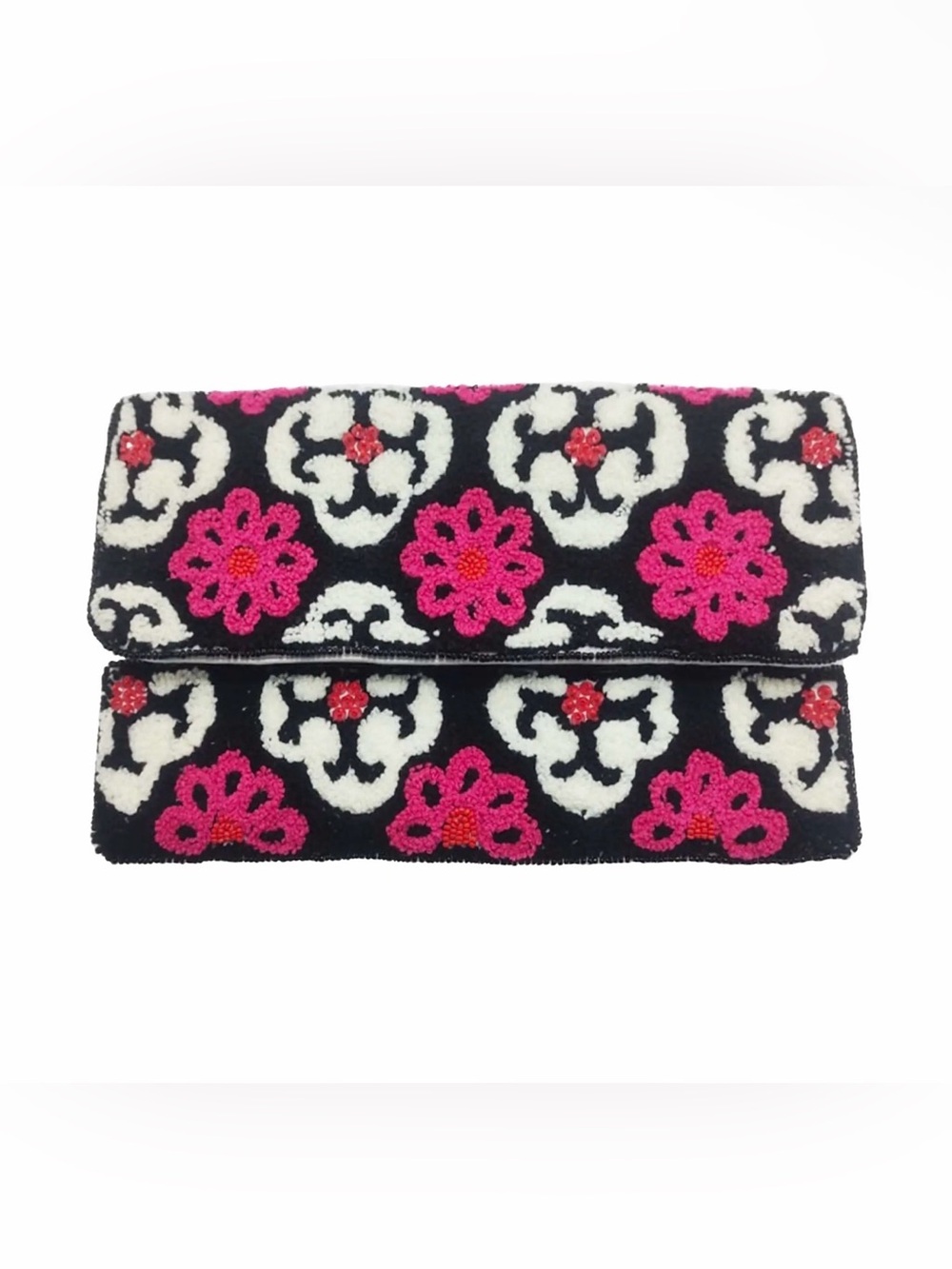 Embellished Floral Beaded Clutch - Black & Pink